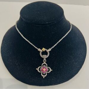 Barbara Bixby Sterling Silver & 18K Gold Pink Garnet Flower Pendant Necklace